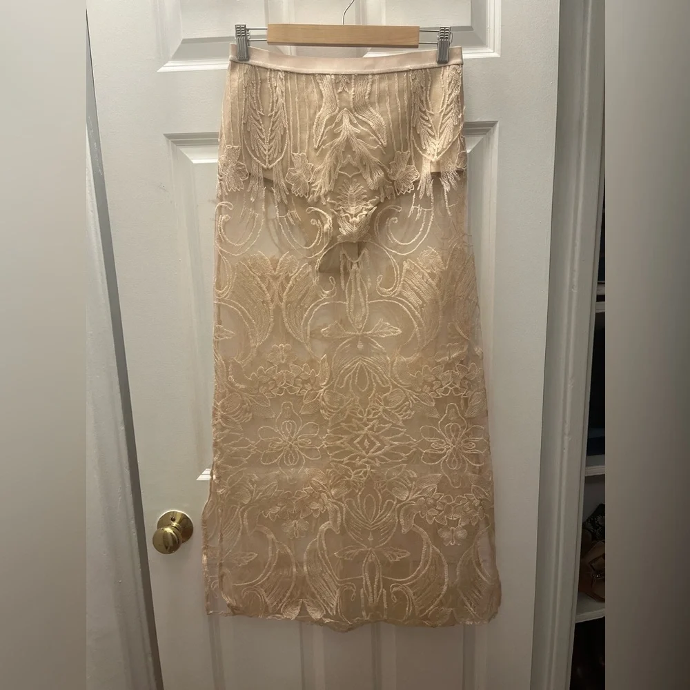 Anthropologie Sheer Embroidered Cream Midi Skirt - Picture 6 of 12